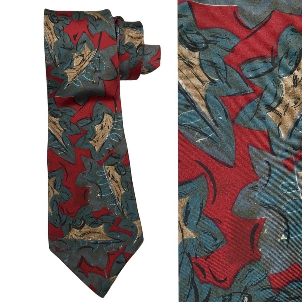 Christian Dior Monsieur Neck Tie Silk Red Abstract‎ Leaf Print Men's Accessories